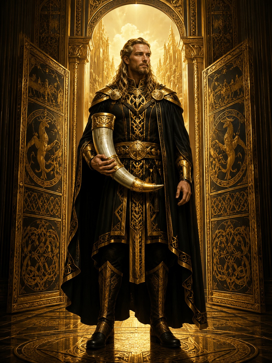 Heimdall stands at the threshold—sentinel of worlds, guardian of the gates